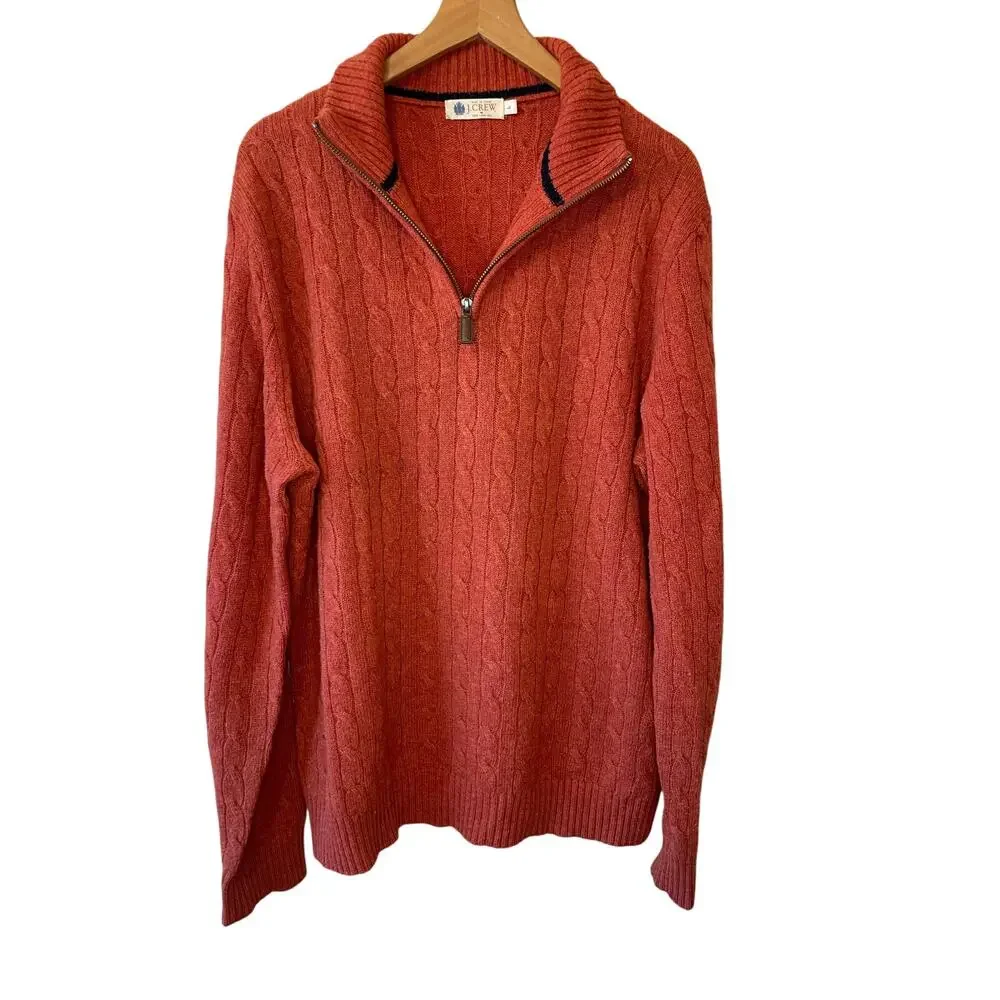 J. Crew Men's Lambs Wool Cable Knit Zip Up Pull On Henley Sweater Large Orange
